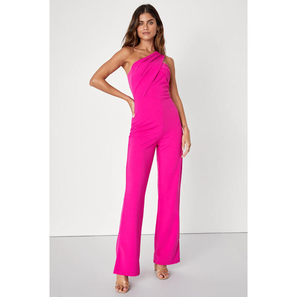 NWT Lulus Devoted To Fun Hot Pink One-shoulder Sleeveless Jumpsuit - Size S